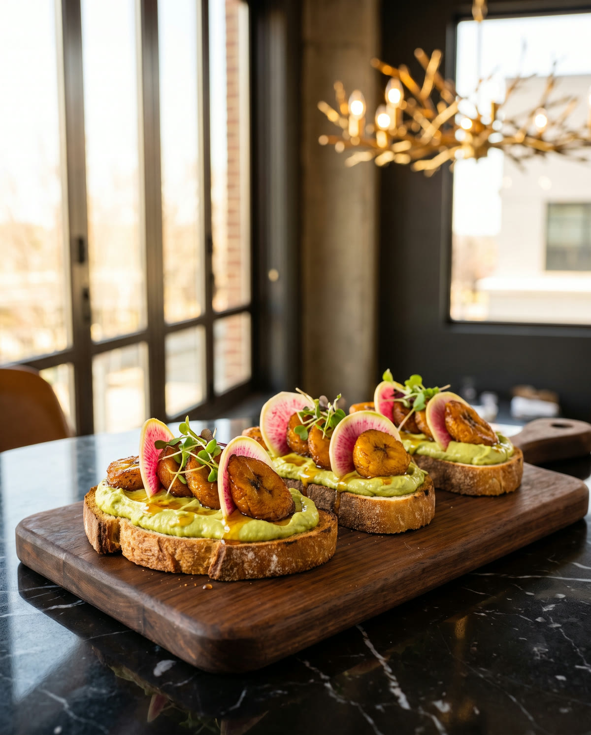 Avocado bruschetta with fried sweet plantain and watermelon radish