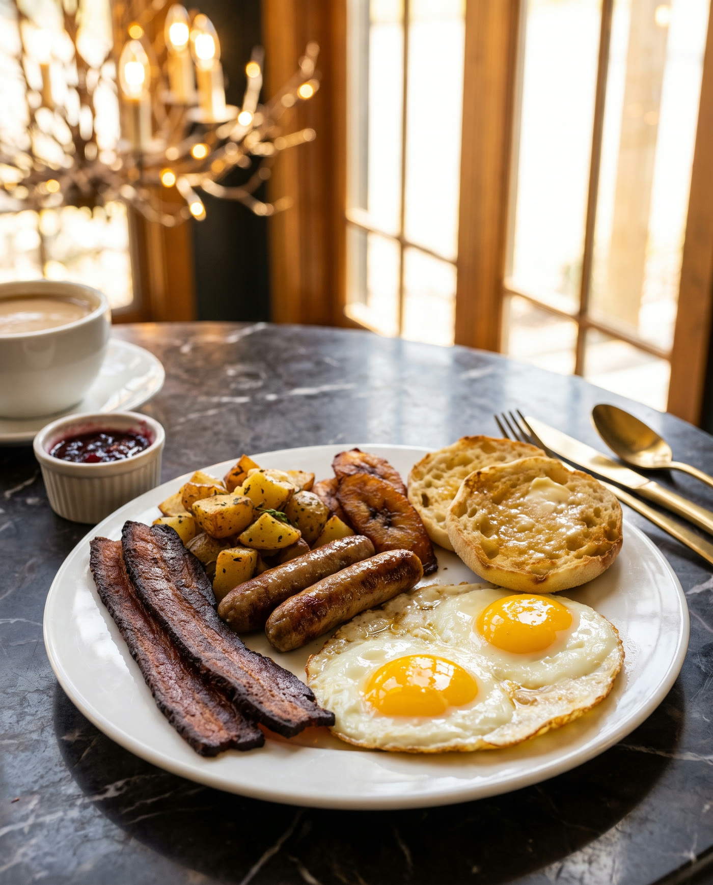 Great America — two eggs, bacon, sausage, breakfast potatoes and English muffin