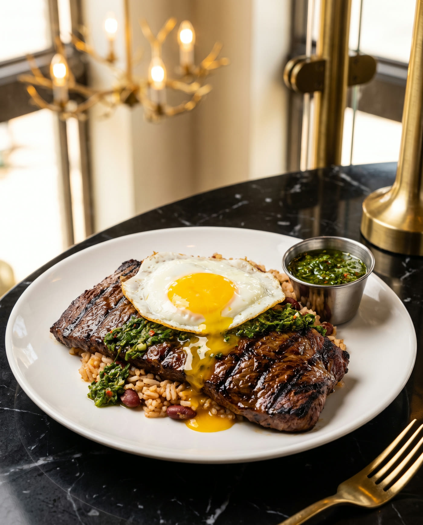 Steak a Caballo — grilled skirt steak topped with a sunny-side-up egg and chimichurri at Tallo brunch