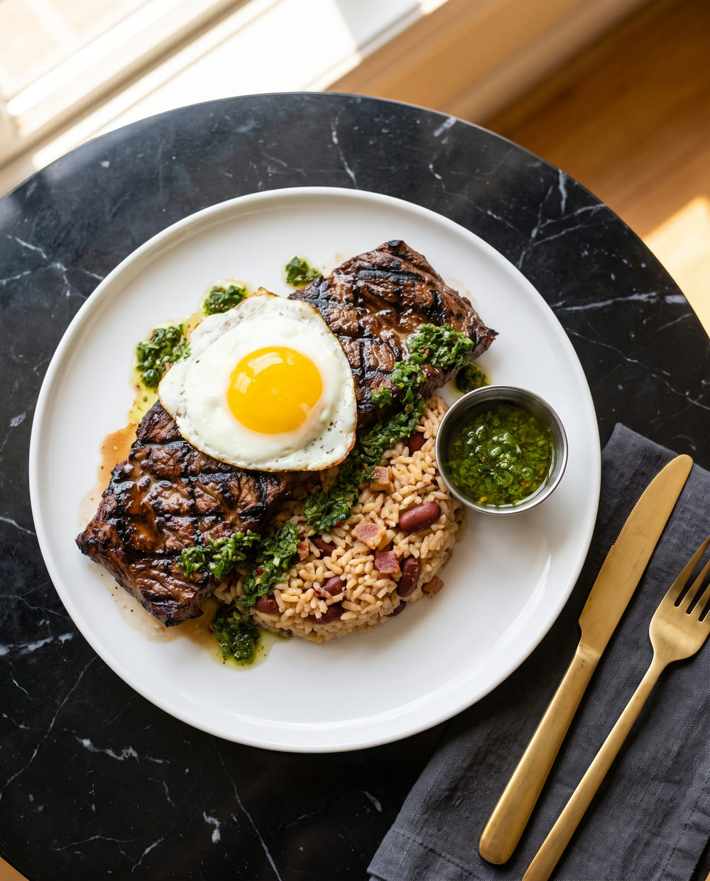 Steak a Caballo from above — skirt steak, sunny-side-up egg, mamposteao rice and chimichurri