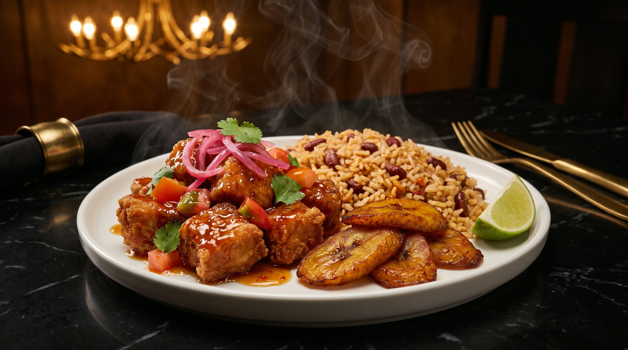 Sweet chili fried pork with red pickled onions, sweet plantains and mamposteao rice
