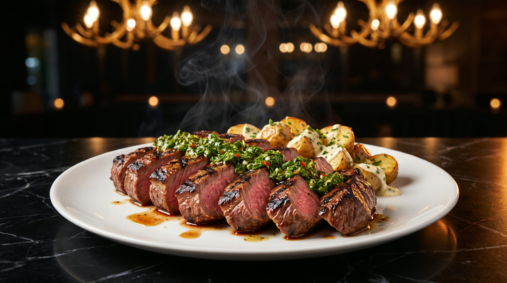 Churrasco skirt steak sliced with chimichurri and garlic aioli potatoes